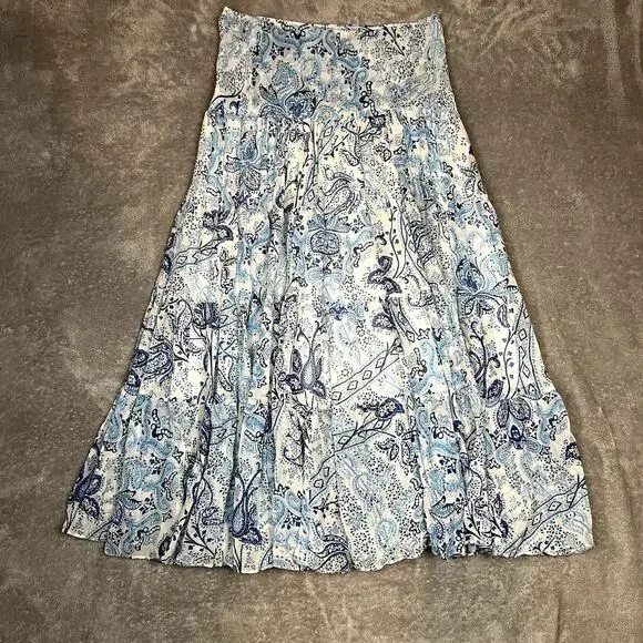 Ralph Lauren Tiered Maxi Skirt Womens S Blue Paisley 100% Silk Bohemian Gypsy - Picture 1 of 9
